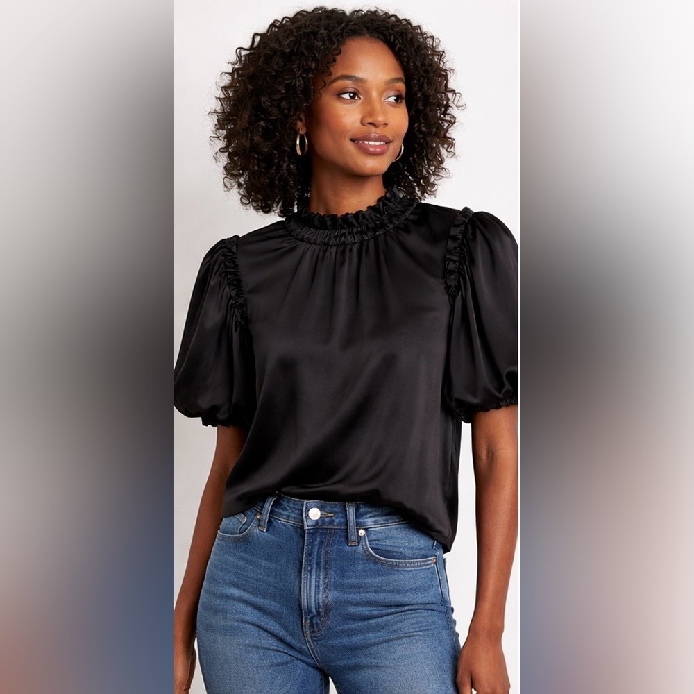 Zadig & Voltaire Tattoo Satin Cowl Back Blouse Black Puff Sleeve Slide Tie Top M